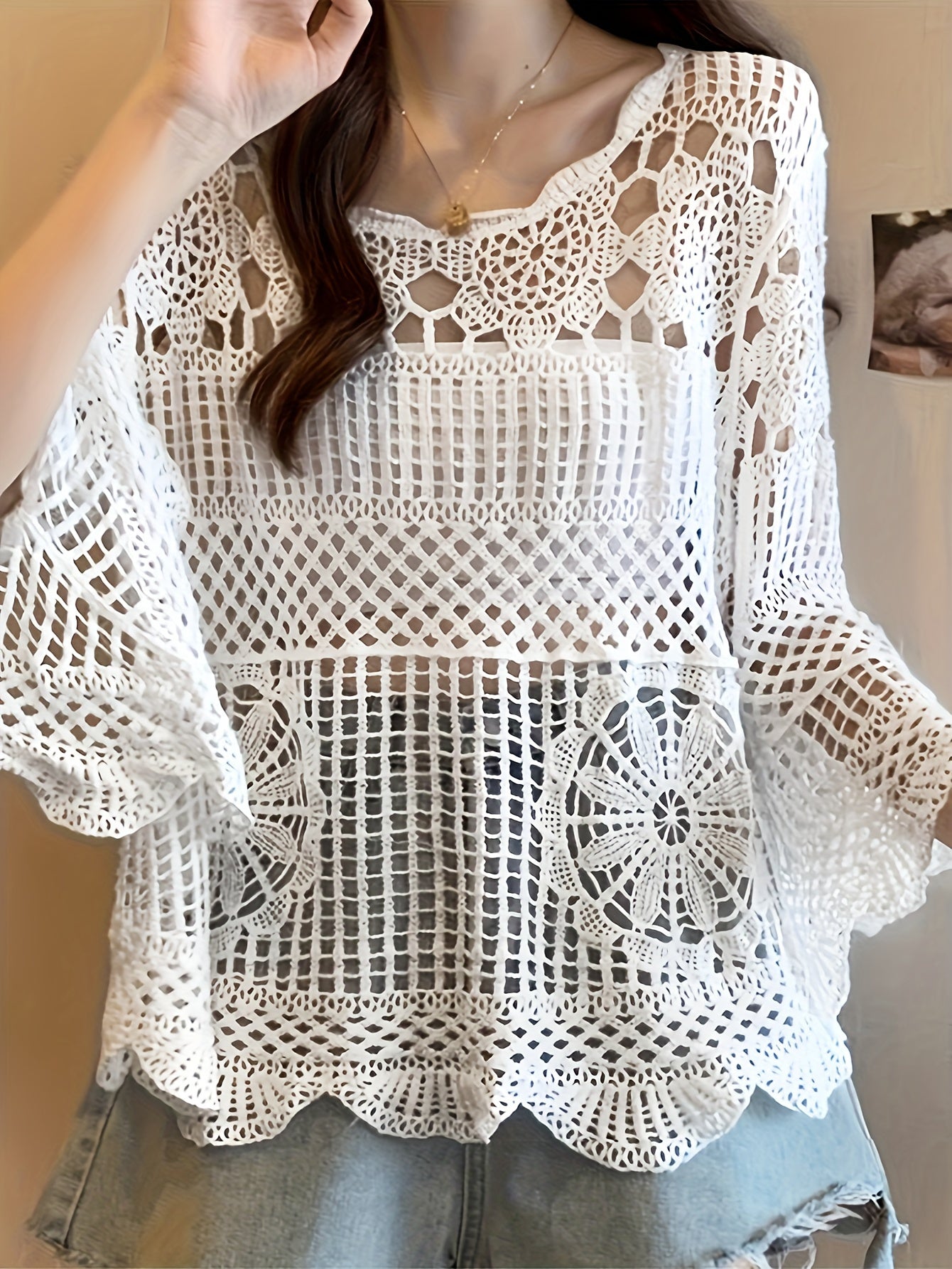 Women's Bohemian Crochet Cover-Up - Lightweight Semi-Sheer Loose Fit Bell Sleeve Top with Lace-Like Cut-Out Design, Round Neck Beachwear for Spring Summer Fall, Elegant Casual Chic Handcrafted Look, Summer Layering Piece, Handcrafted Fashion