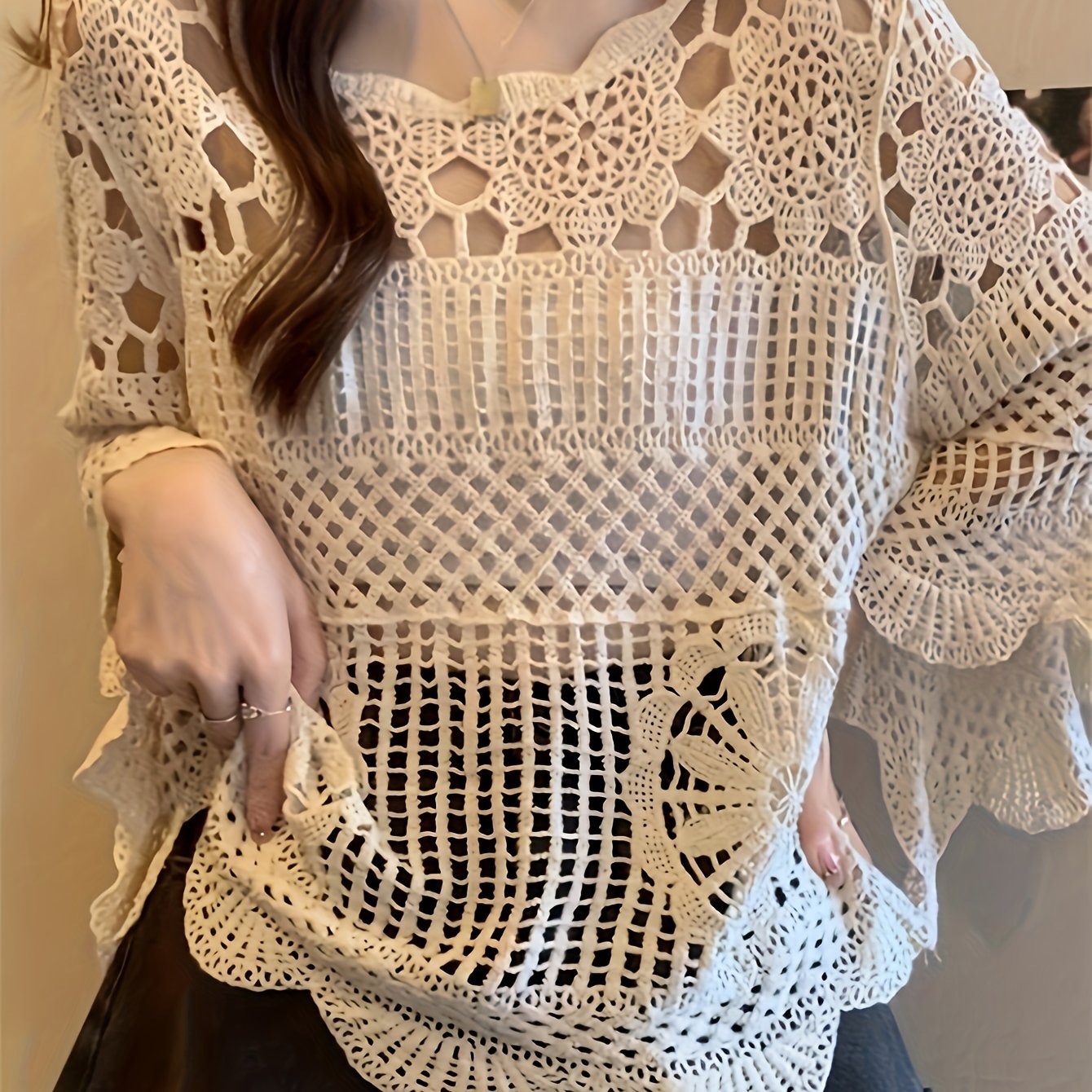 Women's Bohemian Crochet Cover-Up - Lightweight Semi-Sheer Loose Fit Bell Sleeve Top with Lace-Like Cut-Out Design, Round Neck Beachwear for Spring Summer Fall, Elegant Casual Chic Handcrafted Look, Summer Layering Piece, Handcrafted Fashion
