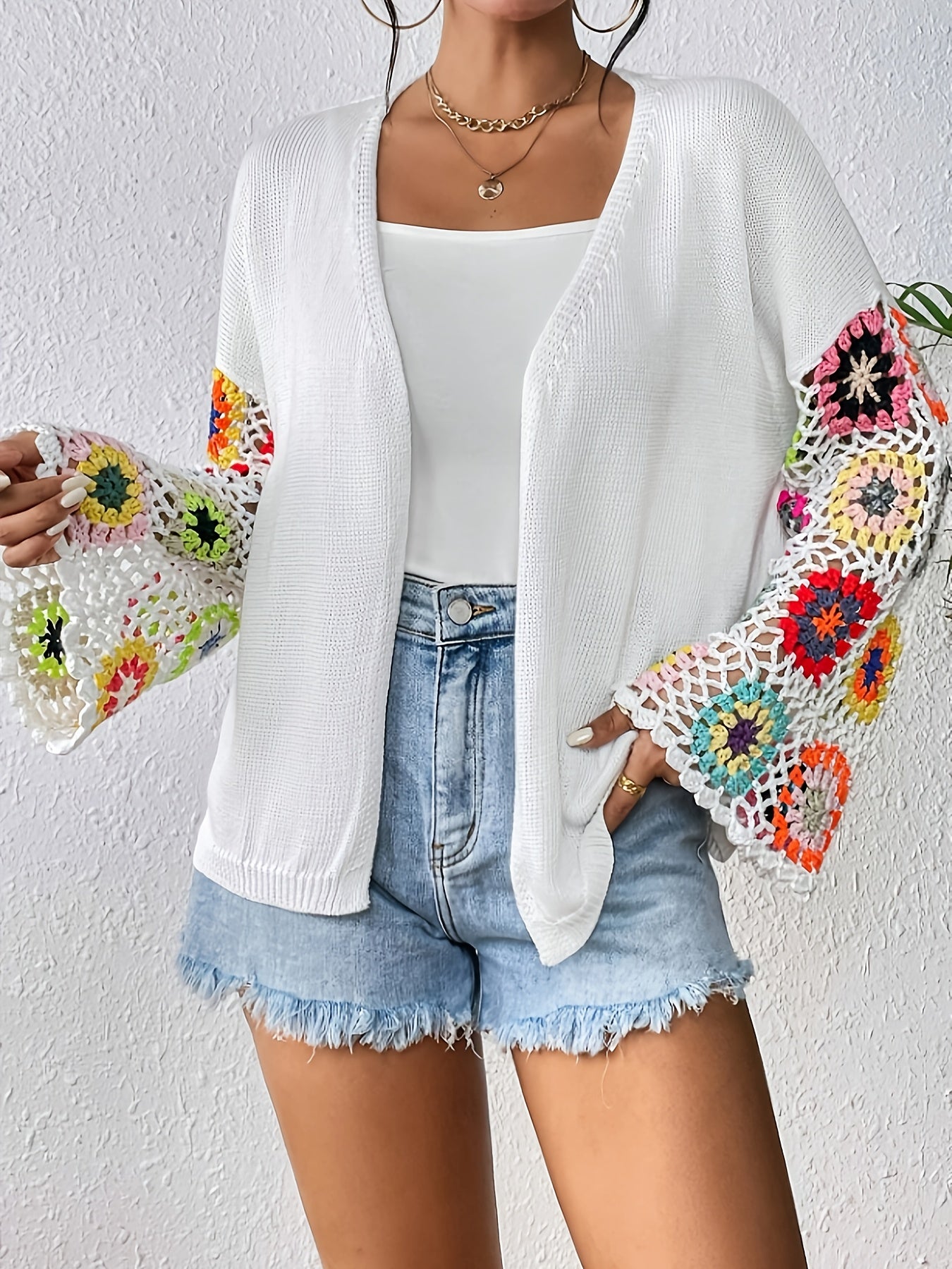 Elegant Women'S Crochet Cardigan - Spring\u002FSummer Hollow Openwork with Colorful Floral Patterns, Handmade Crochet Shawl