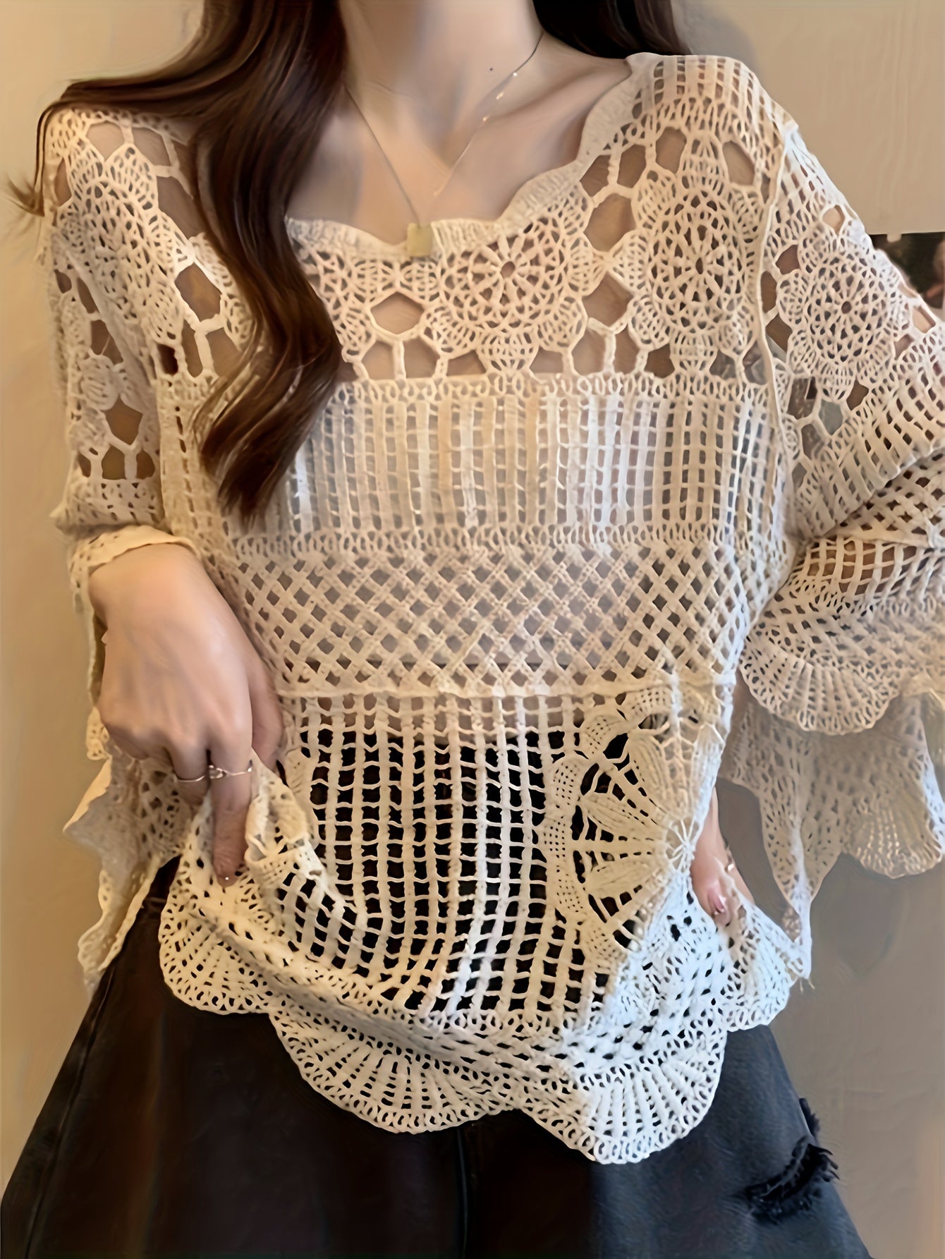 Women's Bohemian Crochet Cover-Up - Lightweight Semi-Sheer Loose Fit Bell Sleeve Top with Lace-Like Cut-Out Design, Round Neck Beachwear for Spring Summer Fall, Elegant Casual Chic Handcrafted Look, Summer Layering Piece, Handcrafted Fashion
