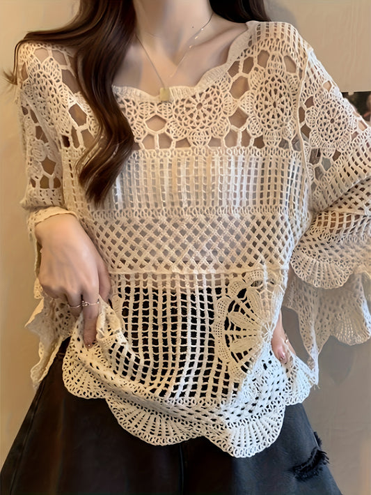 Women's Bohemian Crochet Cover-Up - Lightweight Semi-Sheer Loose Fit Bell Sleeve Top with Lace-Like Cut-Out Design, Round Neck Beachwear for Spring Summer Fall, Elegant Casual Chic Handcrafted Look, Summer Layering Piece, Handcrafted Fashion