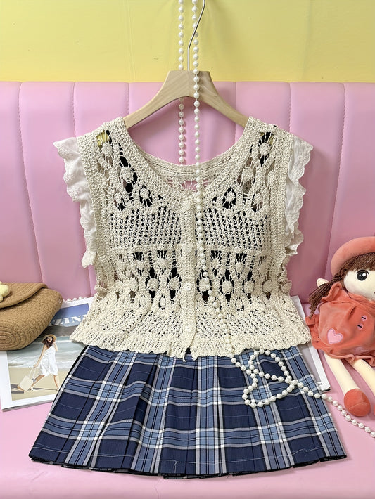 French-Inspired Crochet Lace V-Neck Sleeveless Vest Cardigan for Women - Semi-Sheer Hollowed Out Design, Loose Fit Cover-Up Top, Medium Stretch Spring\u002FSummer Layering Piece, Hand Wash Only, Vintage Hand Crocheted Lace, Semisheer Fabric