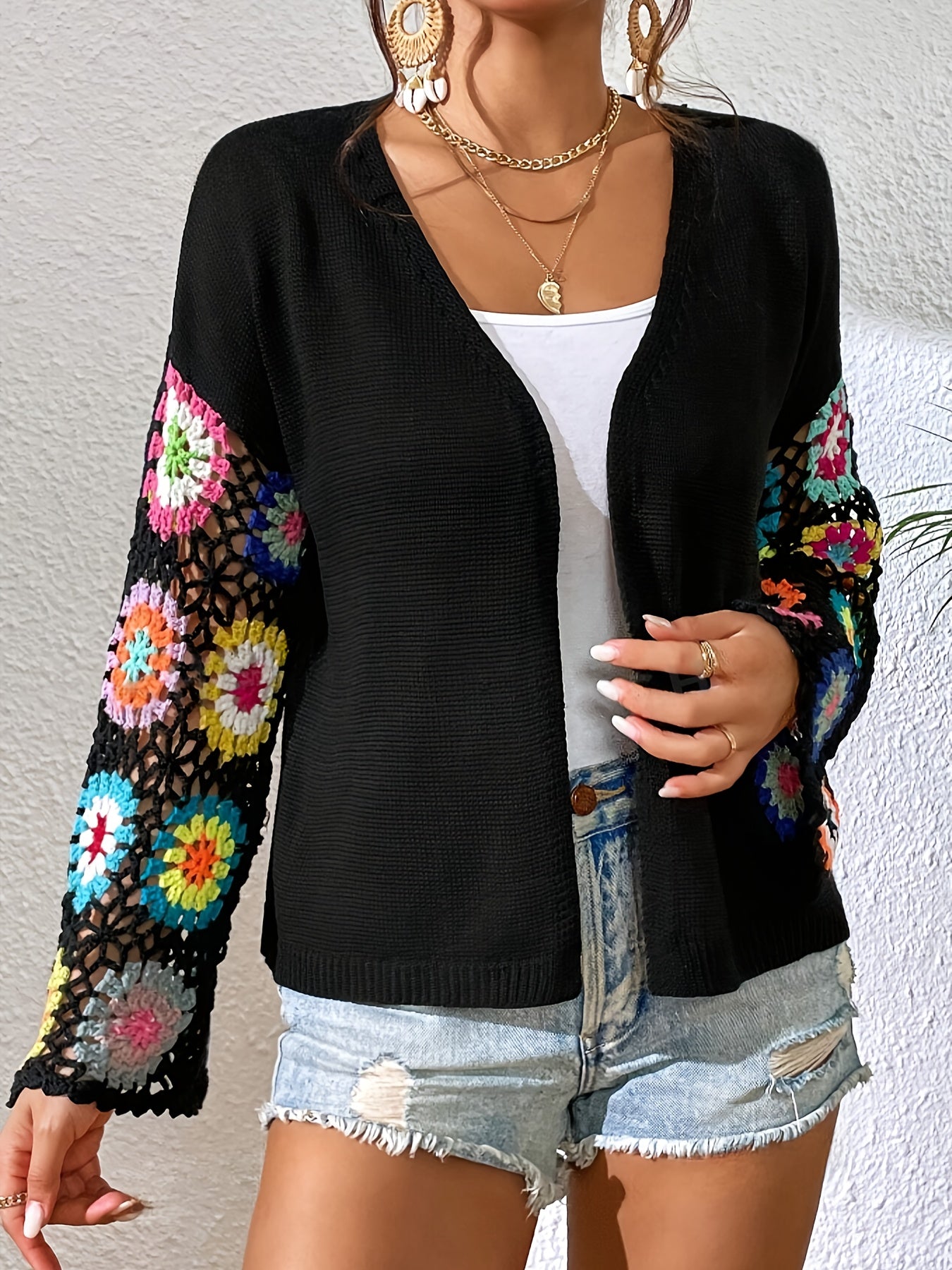 Elegant Women'S Crochet Cardigan - Spring\u002FSummer Hollow Openwork with Colorful Floral Patterns, Handmade Crochet Shawl