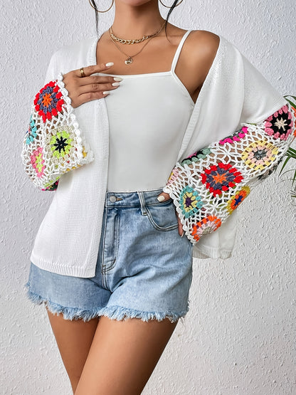 Elegant Women'S Crochet Cardigan - Spring\u002FSummer Hollow Openwork with Colorful Floral Patterns, Handmade Crochet Shawl