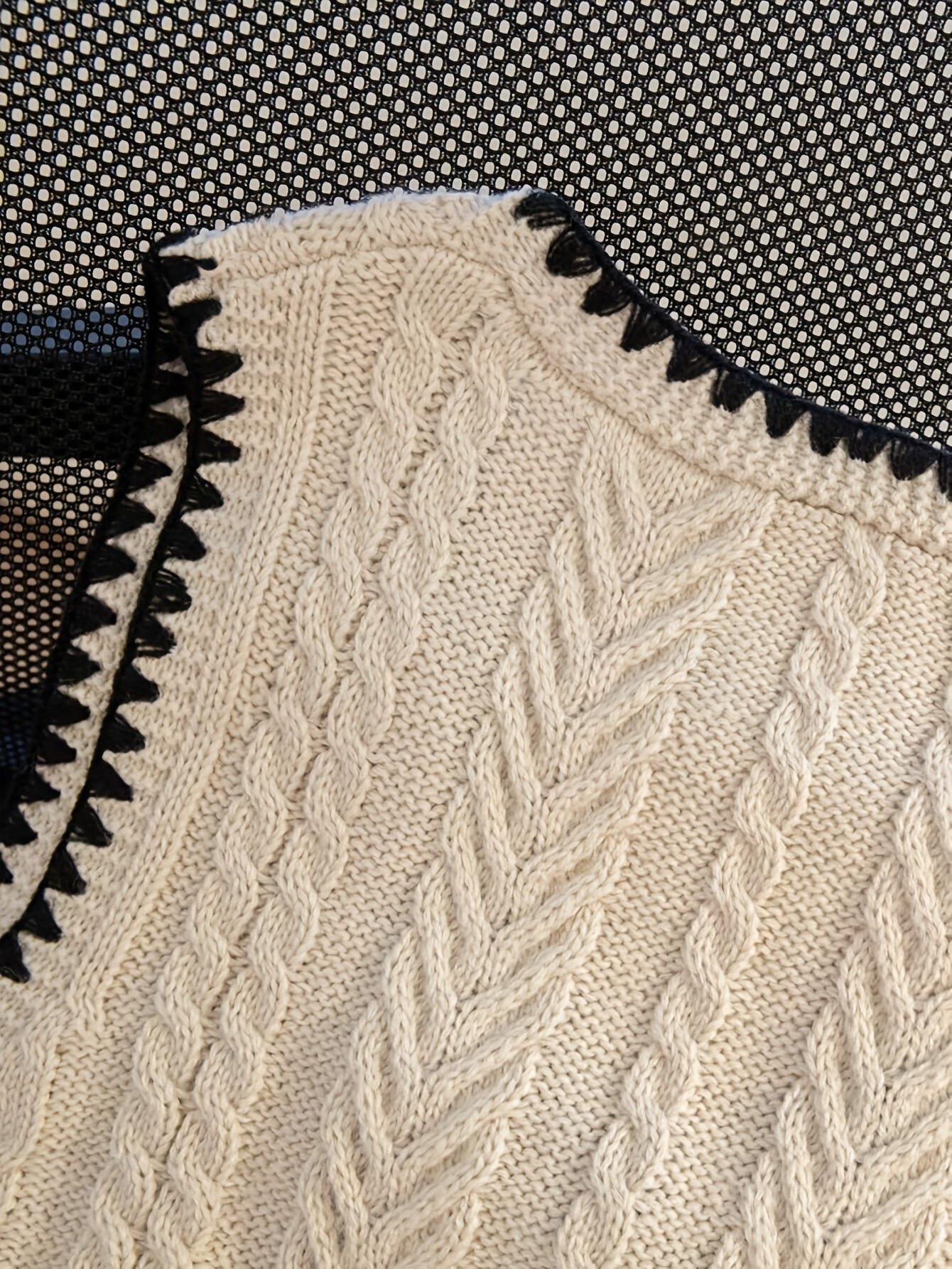 Women'S Elegant Handmade Crochet V-Neck Sweater with Black Trim and Lace-Up Detail - Geometric Pattern Cardigan for Spring\u002FSummer, Crochet Sweater