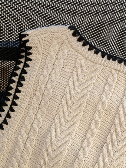 Women'S Elegant Handmade Crochet V-Neck Sweater with Black Trim and Lace-Up Detail - Geometric Pattern Cardigan for Spring\u002FSummer, Crochet Sweater