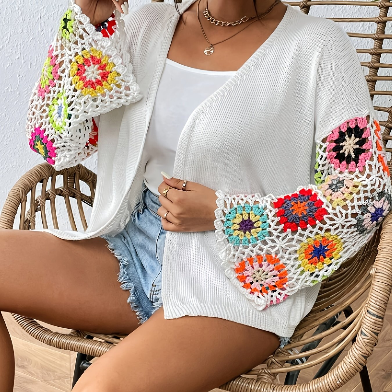 Elegant Women'S Crochet Cardigan - Spring\u002FSummer Hollow Openwork with Colorful Floral Patterns, Handmade Crochet Shawl