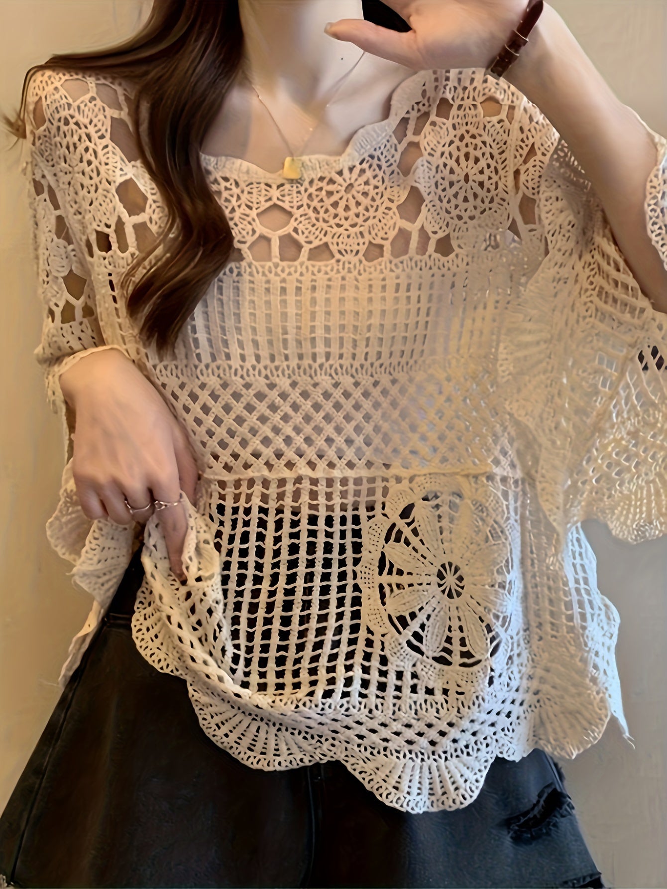 Women's Bohemian Crochet Cover-Up - Lightweight Semi-Sheer Loose Fit Bell Sleeve Top with Lace-Like Cut-Out Design, Round Neck Beachwear for Spring Summer Fall, Elegant Casual Chic Handcrafted Look, Summer Layering Piece, Handcrafted Fashion