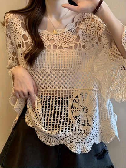 Women's Bohemian Crochet Cover-Up - Lightweight Semi-Sheer Loose Fit Bell Sleeve Top with Lace-Like Cut-Out Design, Round Neck Beachwear for Spring Summer Fall, Elegant Casual Chic Handcrafted Look, Summer Layering Piece, Handcrafted Fashion