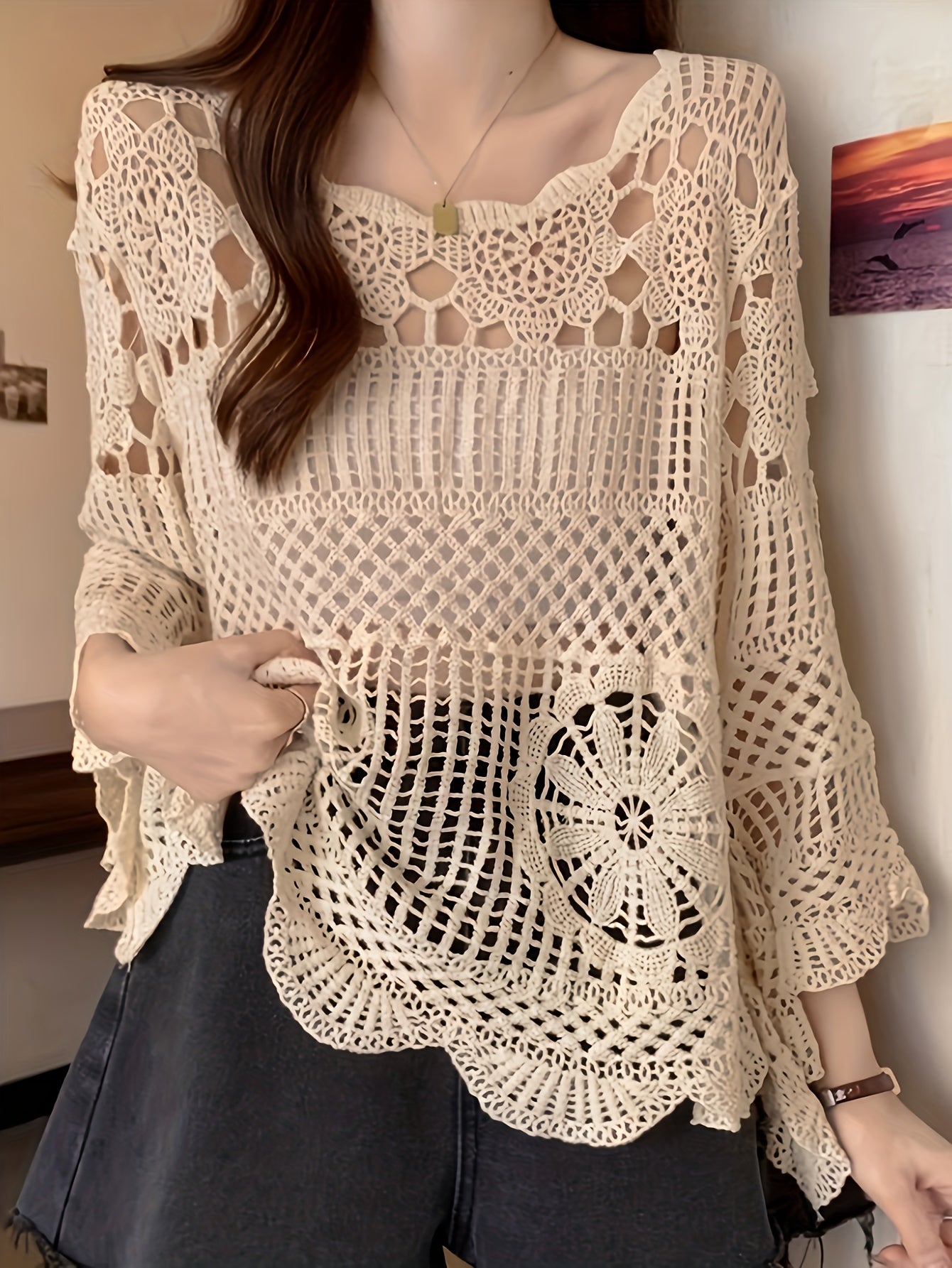 Women's Bohemian Crochet Cover-Up - Lightweight Semi-Sheer Loose Fit Bell Sleeve Top with Lace-Like Cut-Out Design, Round Neck Beachwear for Spring Summer Fall, Elegant Casual Chic Handcrafted Look, Summer Layering Piece, Handcrafted Fashion