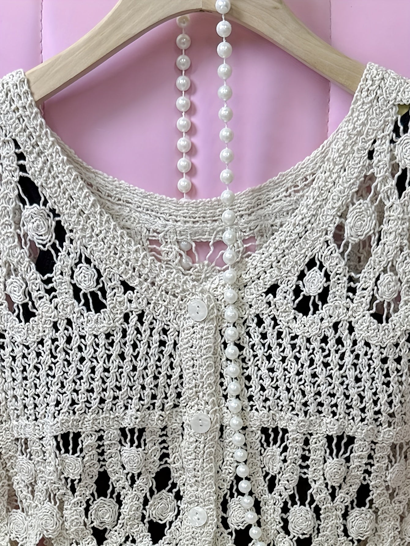 French-Inspired Crochet Lace V-Neck Sleeveless Vest Cardigan for Women - Semi-Sheer Hollowed Out Design, Loose Fit Cover-Up Top, Medium Stretch Spring\u002FSummer Layering Piece, Hand Wash Only, Vintage Hand Crocheted Lace, Semisheer Fabric