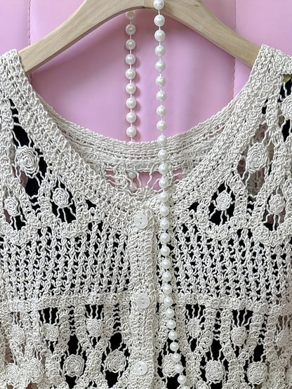 French-Inspired Crochet Lace V-Neck Sleeveless Vest Cardigan for Women - Semi-Sheer Hollowed Out Design, Loose Fit Cover-Up Top, Medium Stretch Spring\u002FSummer Layering Piece, Hand Wash Only, Vintage Hand Crocheted Lace, Semisheer Fabric