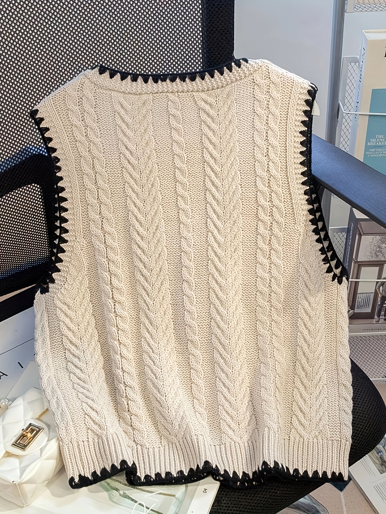 Women'S Elegant Handmade Crochet V-Neck Sweater with Black Trim and Lace-Up Detail - Geometric Pattern Cardigan for Spring\u002FSummer, Crochet Sweater