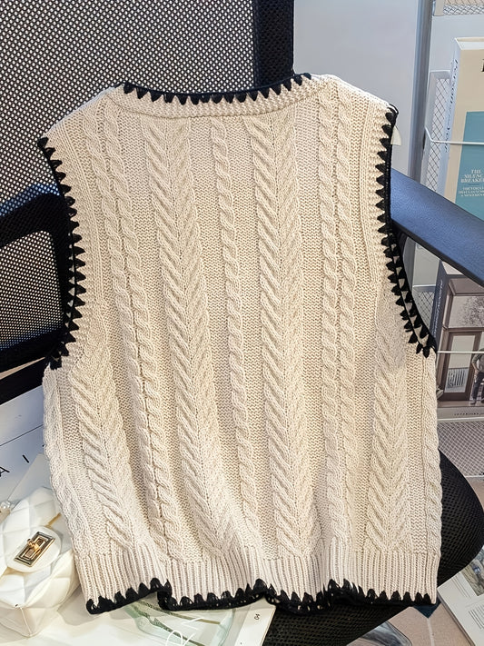 Women'S Elegant Handmade Crochet V-Neck Sweater with Black Trim and Lace-Up Detail - Geometric Pattern Cardigan for Spring\u002FSummer, Crochet Sweater