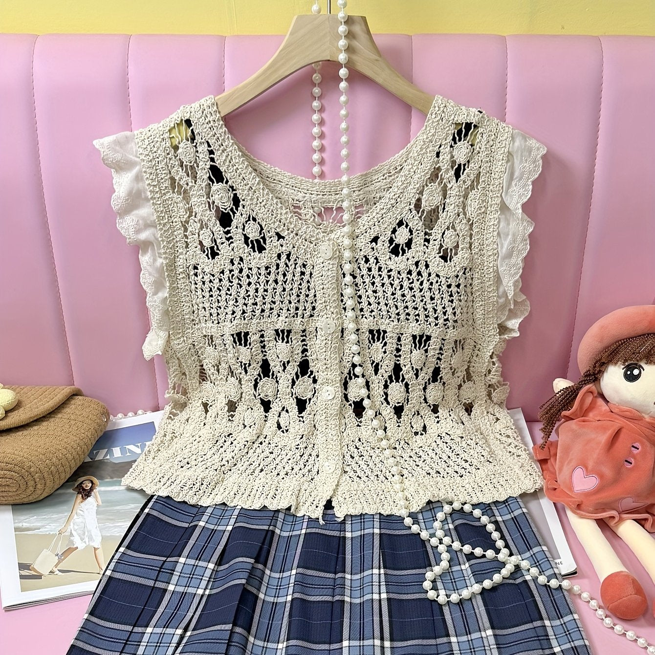French-Inspired Crochet Lace V-Neck Sleeveless Vest Cardigan for Women - Semi-Sheer Hollowed Out Design, Loose Fit Cover-Up Top, Medium Stretch Spring\u002FSummer Layering Piece, Hand Wash Only, Vintage Hand Crocheted Lace, Semisheer Fabric