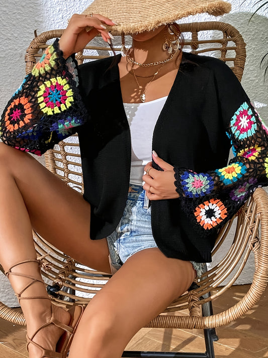 Elegant Women'S Crochet Cardigan - Spring\u002FSummer Hollow Openwork with Colorful Floral Patterns, Handmade Crochet Shawl