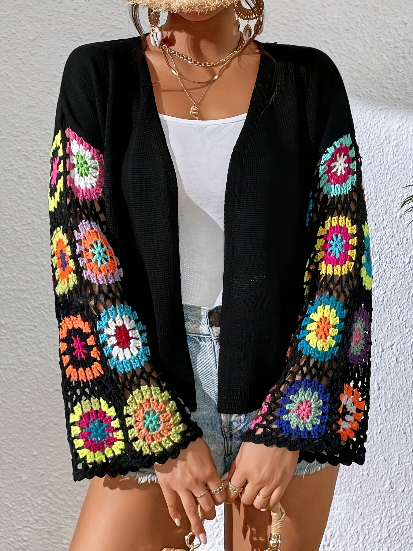 Elegant Women'S Crochet Cardigan - Spring\u002FSummer Hollow Openwork with Colorful Floral Patterns, Handmade Crochet Shawl