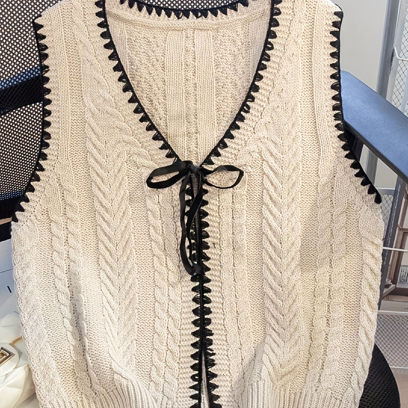 Women'S Elegant Handmade Crochet V-Neck Sweater with Black Trim and Lace-Up Detail - Geometric Pattern Cardigan for Spring\u002FSummer, Crochet Sweater
