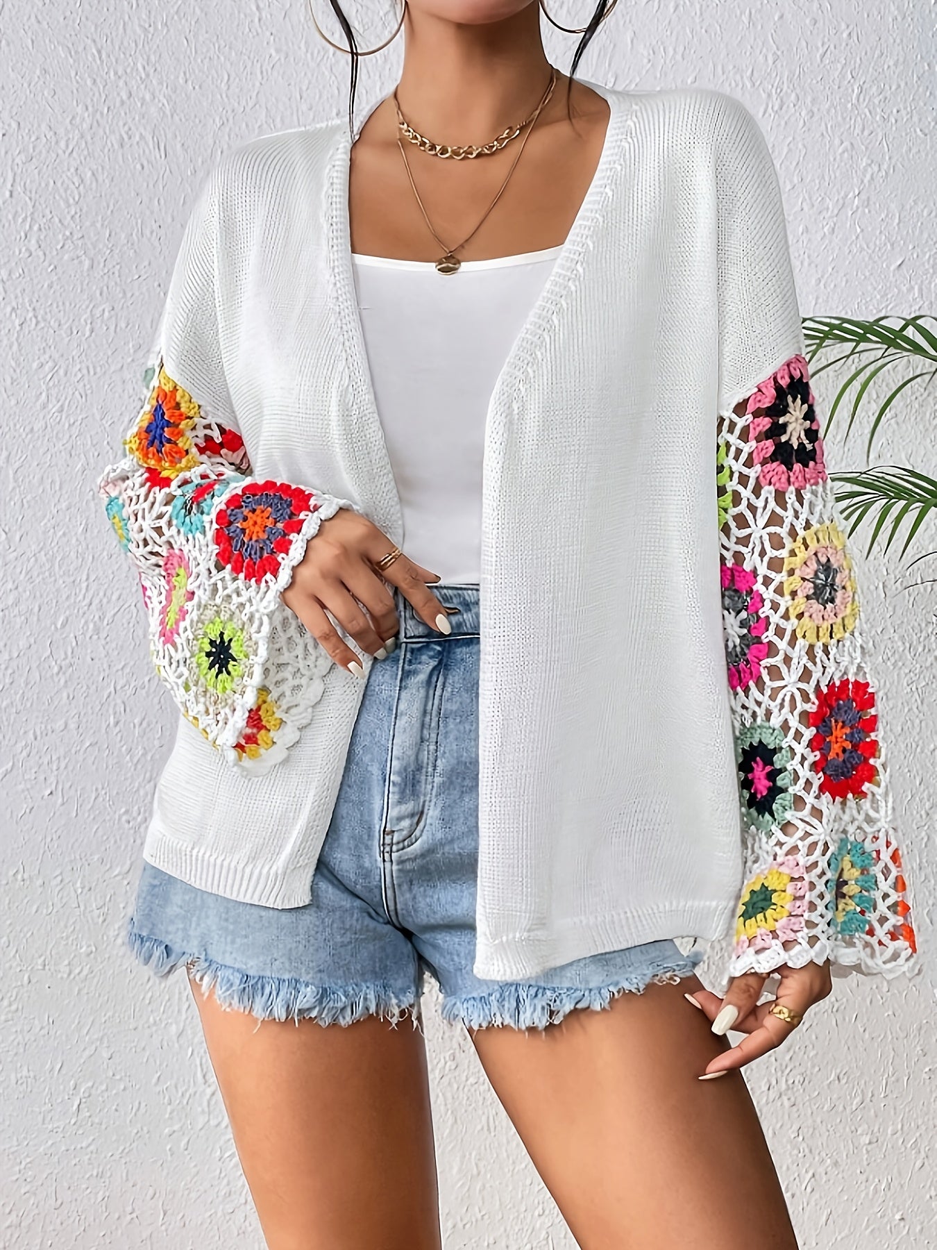 Elegant Women'S Crochet Cardigan - Spring\u002FSummer Hollow Openwork with Colorful Floral Patterns, Handmade Crochet Shawl