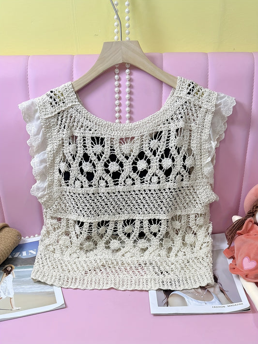 French-Inspired Crochet Lace V-Neck Sleeveless Vest Cardigan for Women - Semi-Sheer Hollowed Out Design, Loose Fit Cover-Up Top, Medium Stretch Spring\u002FSummer Layering Piece, Hand Wash Only, Vintage Hand Crocheted Lace, Semisheer Fabric