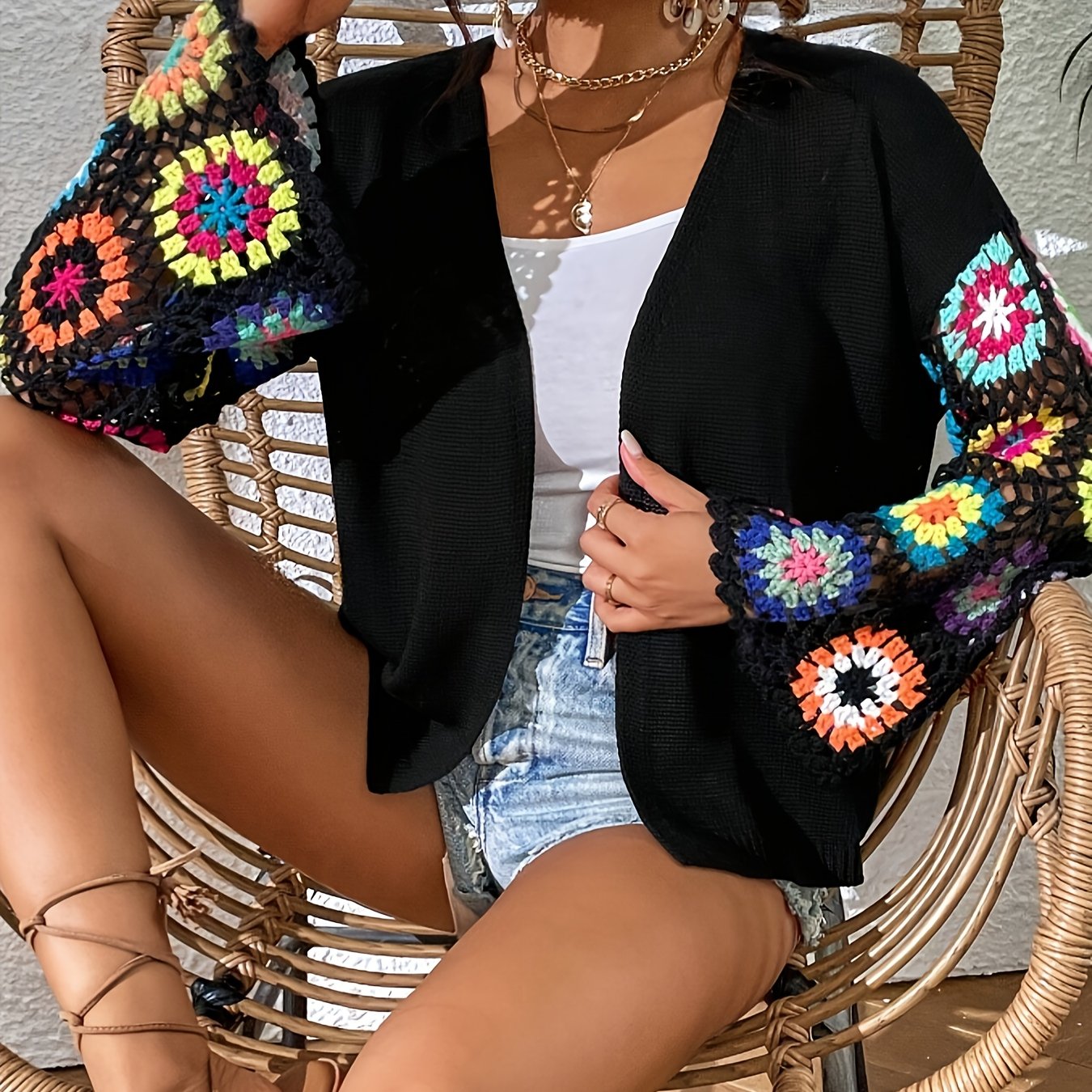 Elegant Women'S Crochet Cardigan - Spring\u002FSummer Hollow Openwork with Colorful Floral Patterns, Handmade Crochet Shawl