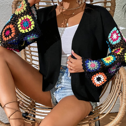 Elegant Women'S Crochet Cardigan - Spring\u002FSummer Hollow Openwork with Colorful Floral Patterns, Handmade Crochet Shawl
