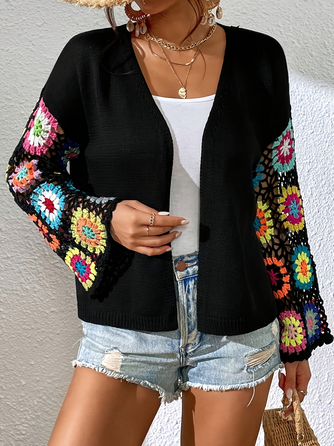 Elegant Women'S Crochet Cardigan - Spring\u002FSummer Hollow Openwork with Colorful Floral Patterns, Handmade Crochet Shawl