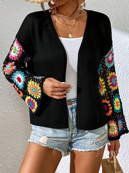 Elegant Women'S Crochet Cardigan - Spring\u002FSummer Hollow Openwork with Colorful Floral Patterns, Handmade Crochet Shawl