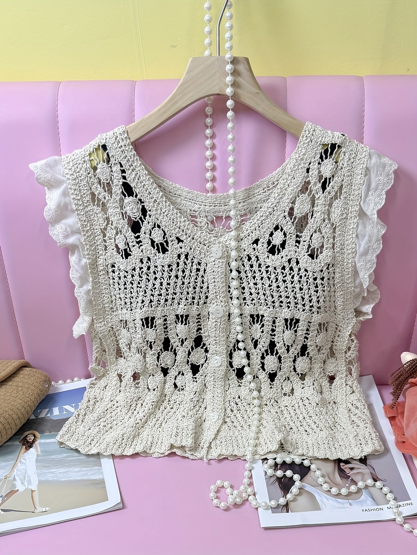 French-Inspired Crochet Lace V-Neck Sleeveless Vest Cardigan for Women - Semi-Sheer Hollowed Out Design, Loose Fit Cover-Up Top, Medium Stretch Spring\u002FSummer Layering Piece, Hand Wash Only, Vintage Hand Crocheted Lace, Semisheer Fabric