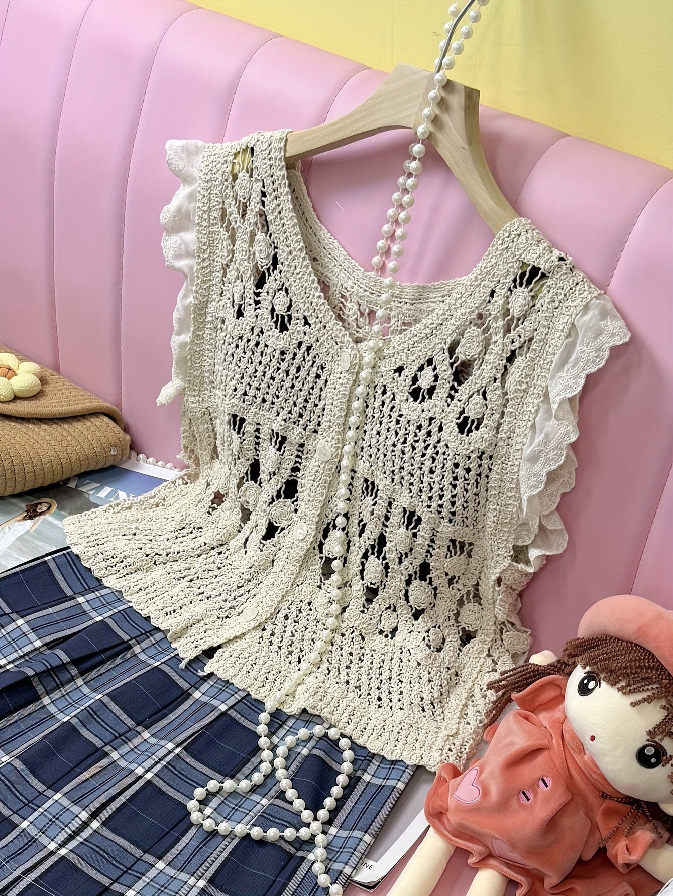 French-Inspired Crochet Lace V-Neck Sleeveless Vest Cardigan for Women - Semi-Sheer Hollowed Out Design, Loose Fit Cover-Up Top, Medium Stretch Spring\u002FSummer Layering Piece, Hand Wash Only, Vintage Hand Crocheted Lace, Semisheer Fabric