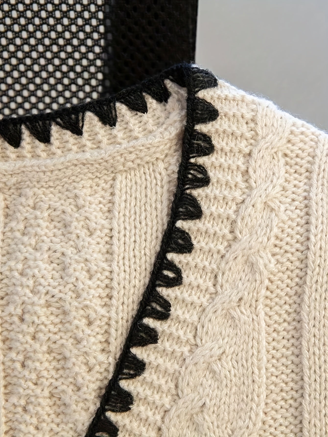 Women'S Elegant Handmade Crochet V-Neck Sweater with Black Trim and Lace-Up Detail - Geometric Pattern Cardigan for Spring\u002FSummer, Crochet Sweater