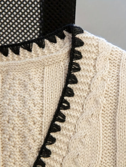 Women'S Elegant Handmade Crochet V-Neck Sweater with Black Trim and Lace-Up Detail - Geometric Pattern Cardigan for Spring\u002FSummer, Crochet Sweater