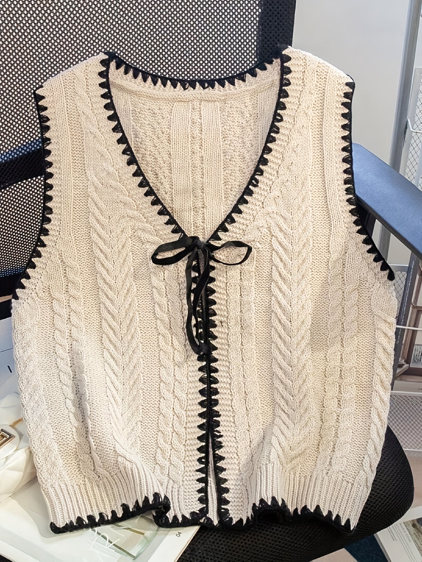 Women'S Elegant Handmade Crochet V-Neck Sweater with Black Trim and Lace-Up Detail - Geometric Pattern Cardigan for Spring\u002FSummer, Crochet Sweater