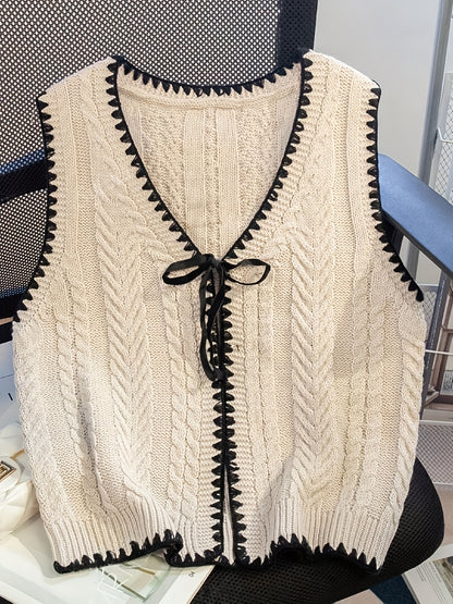 Women'S Elegant Handmade Crochet V-Neck Sweater with Black Trim and Lace-Up Detail - Geometric Pattern Cardigan for Spring\u002FSummer, Crochet Sweater