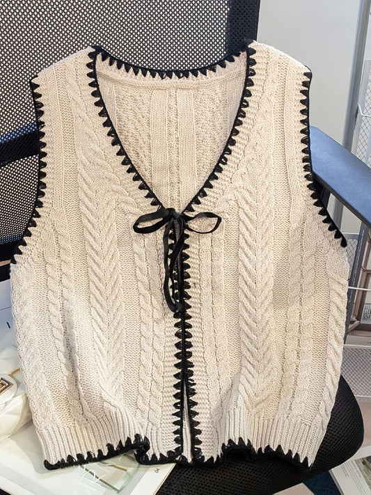 Women'S Elegant Handmade Crochet V-Neck Sweater with Black Trim and Lace-Up Detail - Geometric Pattern Cardigan for Spring\u002FSummer, Crochet Sweater