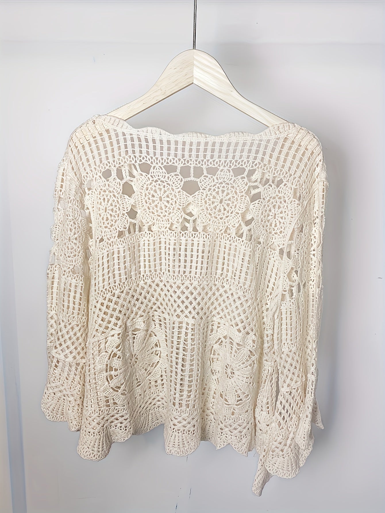 Women's Bohemian Crochet Cover-Up - Lightweight Semi-Sheer Loose Fit Bell Sleeve Top with Lace-Like Cut-Out Design, Round Neck Beachwear for Spring Summer Fall, Elegant Casual Chic Handcrafted Look, Summer Layering Piece, Handcrafted Fashion