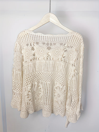 Women's Bohemian Crochet Cover-Up - Lightweight Semi-Sheer Loose Fit Bell Sleeve Top with Lace-Like Cut-Out Design, Round Neck Beachwear for Spring Summer Fall, Elegant Casual Chic Handcrafted Look, Summer Layering Piece, Handcrafted Fashion