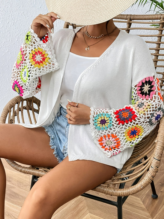 Elegant Women'S Crochet Cardigan - Spring\u002FSummer Hollow Openwork with Colorful Floral Patterns, Handmade Crochet Shawl