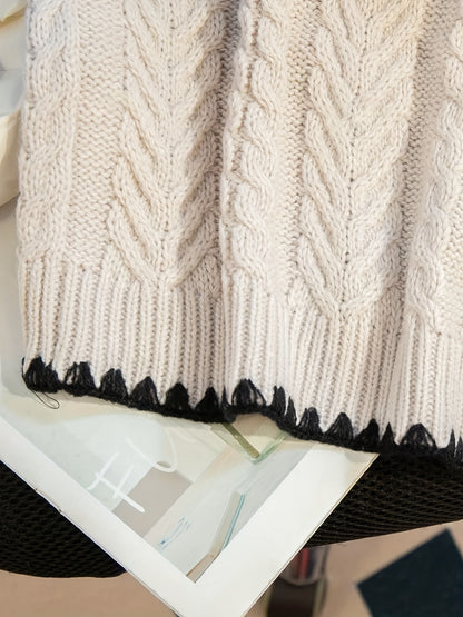 Women'S Elegant Handmade Crochet V-Neck Sweater with Black Trim and Lace-Up Detail - Geometric Pattern Cardigan for Spring\u002FSummer, Crochet Sweater