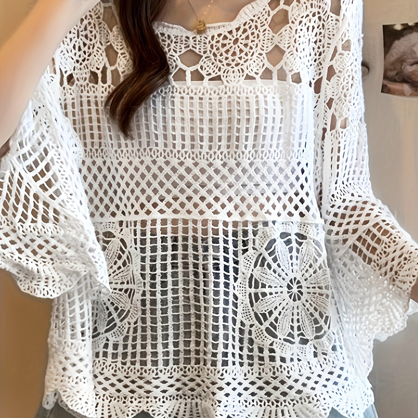 Women's Bohemian Crochet Cover-Up - Lightweight Semi-Sheer Loose Fit Bell Sleeve Top with Lace-Like Cut-Out Design, Round Neck Beachwear for Spring Summer Fall, Elegant Casual Chic Handcrafted Look, Summer Layering Piece, Handcrafted Fashion