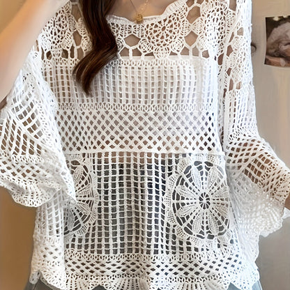 Women's Bohemian Crochet Cover-Up - Lightweight Semi-Sheer Loose Fit Bell Sleeve Top with Lace-Like Cut-Out Design, Round Neck Beachwear for Spring Summer Fall, Elegant Casual Chic Handcrafted Look, Summer Layering Piece, Handcrafted Fashion