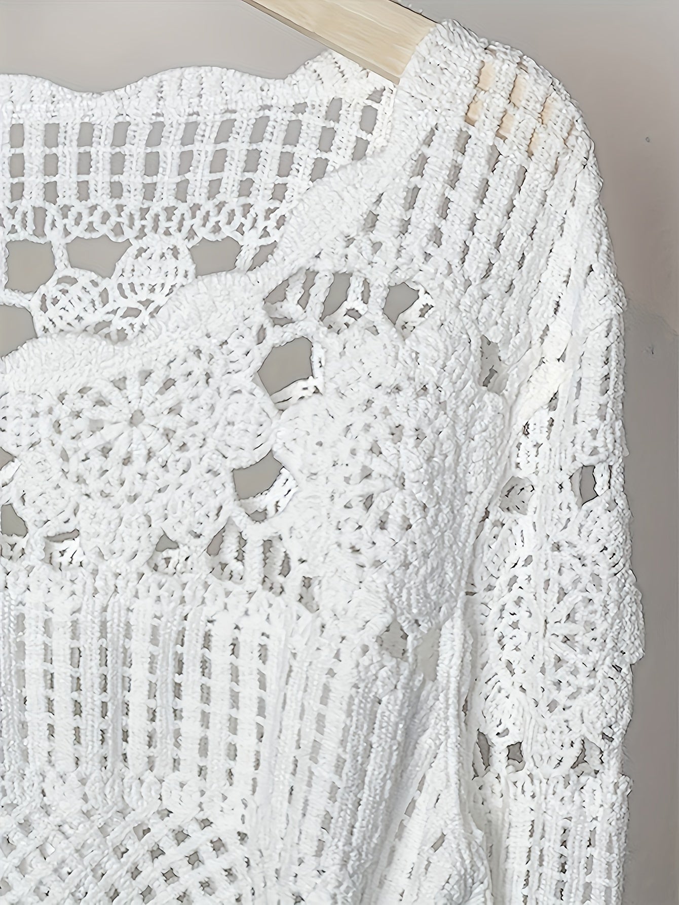 Women's Bohemian Crochet Cover-Up - Lightweight Semi-Sheer Loose Fit Bell Sleeve Top with Lace-Like Cut-Out Design, Round Neck Beachwear for Spring Summer Fall, Elegant Casual Chic Handcrafted Look, Summer Layering Piece, Handcrafted Fashion