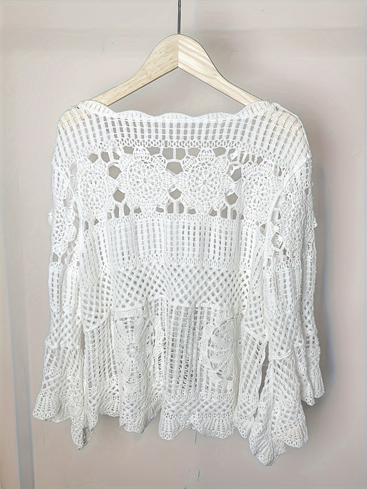 Women's Bohemian Crochet Cover-Up - Lightweight Semi-Sheer Loose Fit Bell Sleeve Top with Lace-Like Cut-Out Design, Round Neck Beachwear for Spring Summer Fall, Elegant Casual Chic Handcrafted Look, Summer Layering Piece, Handcrafted Fashion